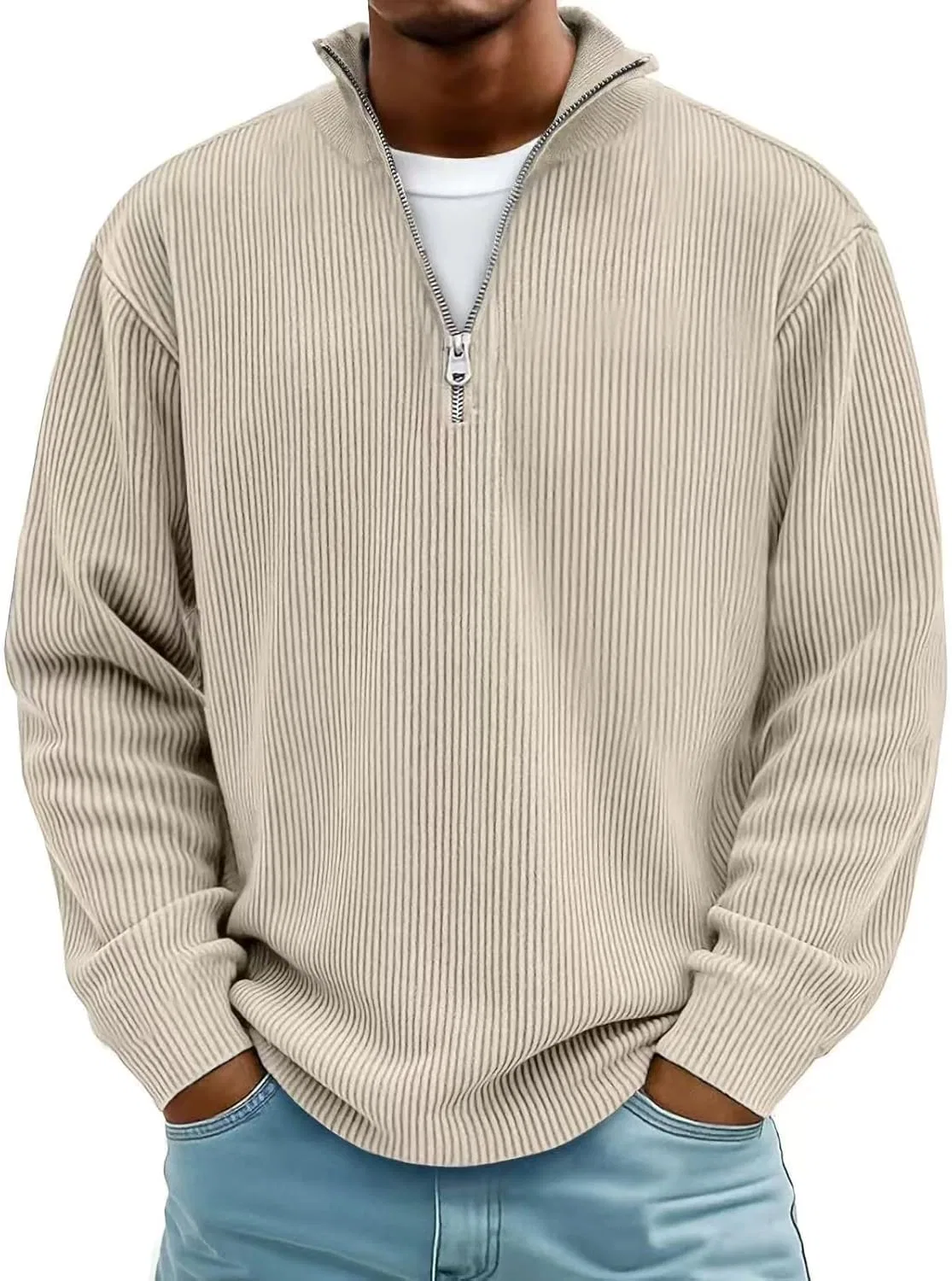 Мужская футболка поло с длинным рукавом, молния 1/4, Khaki