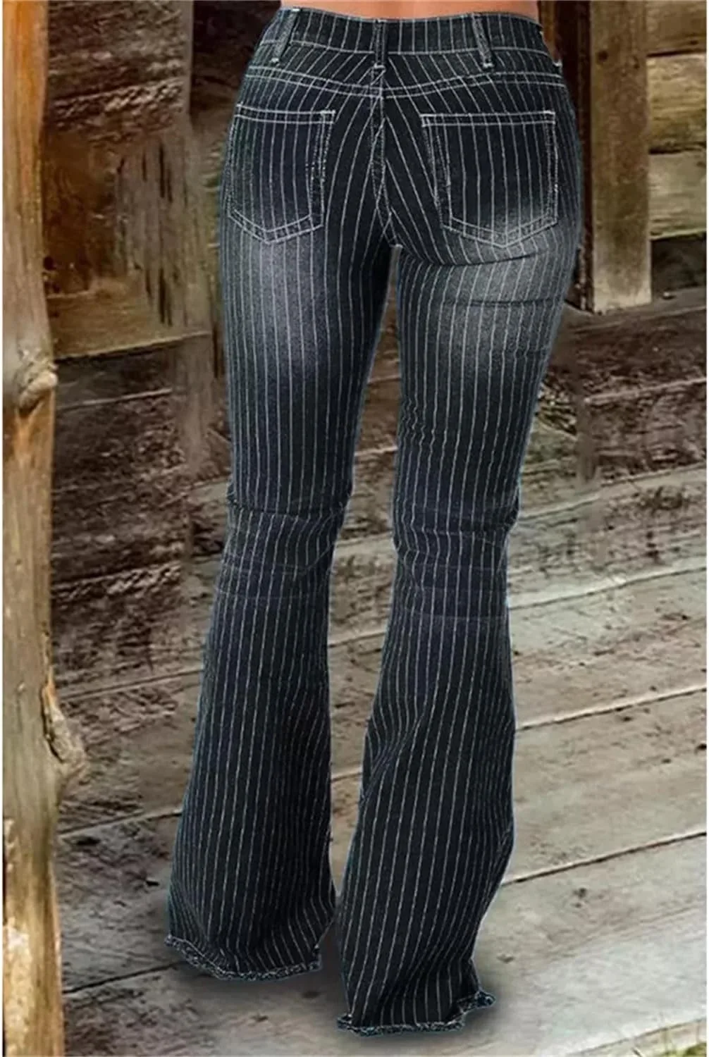 Andongnywell женские джинсы-клеш high waist полосатые bell jeans классические wide legs деним штаны ретро high rise flare pants — фото 2