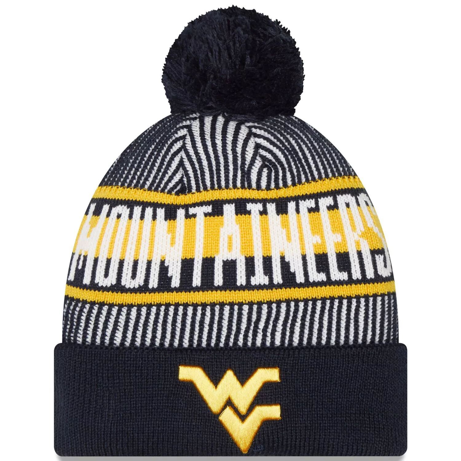 

Мужская вязаная шапка New Era Navy West Virginia Mountaineers в полоску с манжетами и помпоном