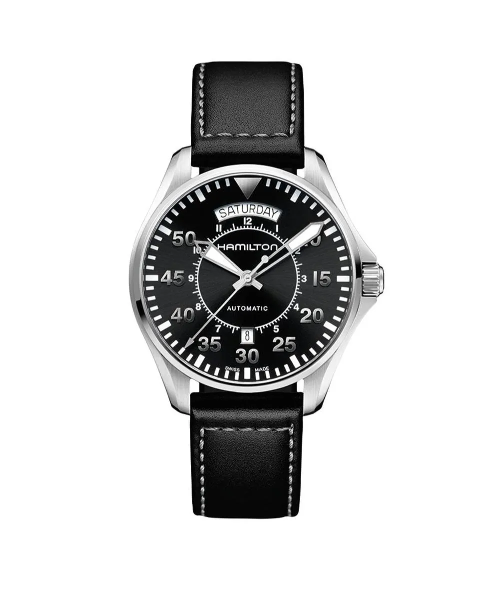 

Мужские часы Khaki Aviation Pilot Day Date 42 мм с автоматическим механизмом H64615735 с календарем и кожаным ремешком Hamilton, черный