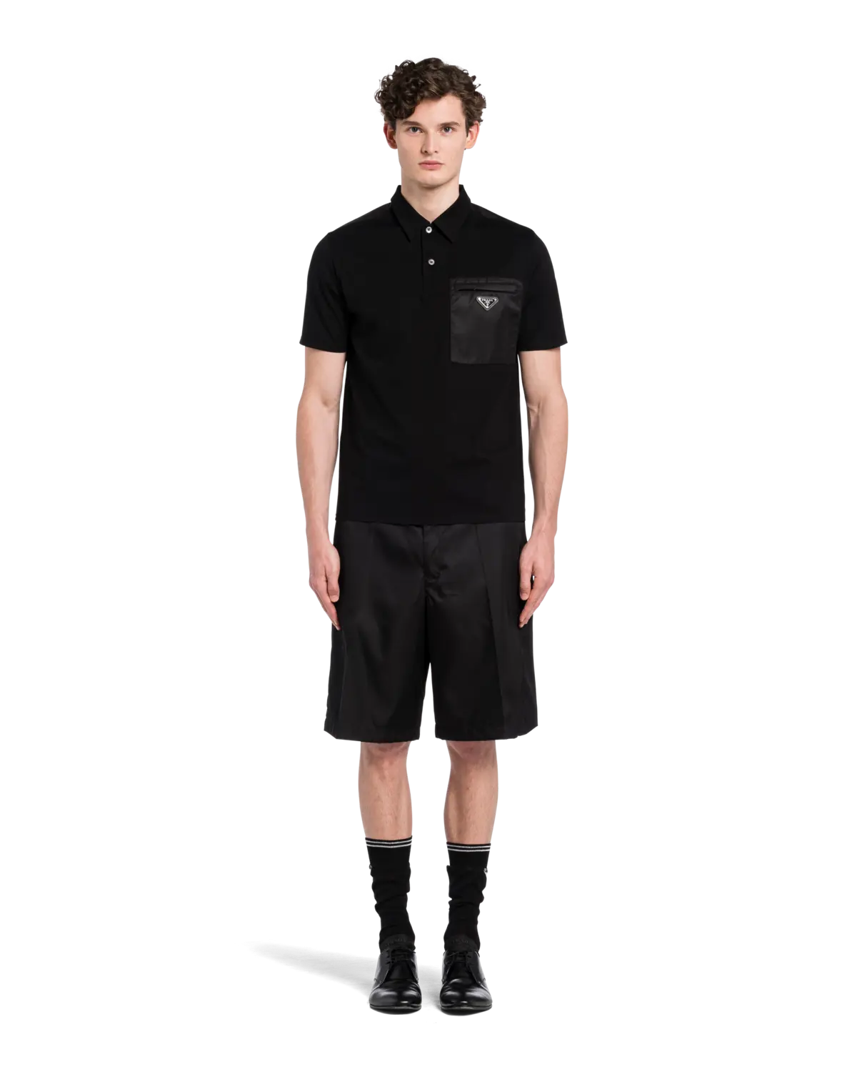 Поло из эластичного хлопка с деталями из Re-Nylon Prada, черный — фото 2
