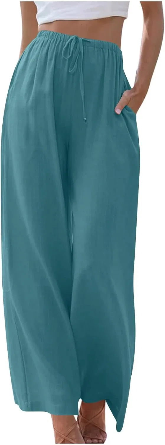 Широкие брюки палаццо из хлопка и льна, женские, с карманами, A02_light Blue