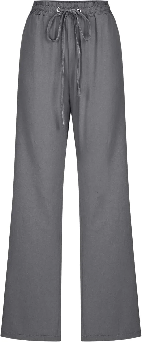 Женские льняные брюки для весны и лета, нарядные и повседневные, с высокой талией и завязками, хлопковые брюки прямого кроя для отдыха Generic, темно-серый — фото 4