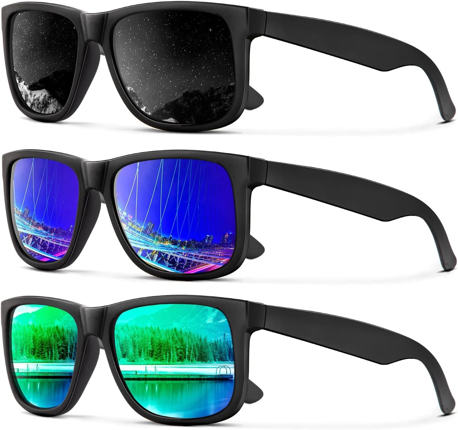 

Солнцезащитные очки KALIYADI для мужчин и женщин, поляризованные, классическая матовая черная оправа, защита от УФ-излучения, комплект из 3 штук, (3 Pack) Black/Green/Drak Blue