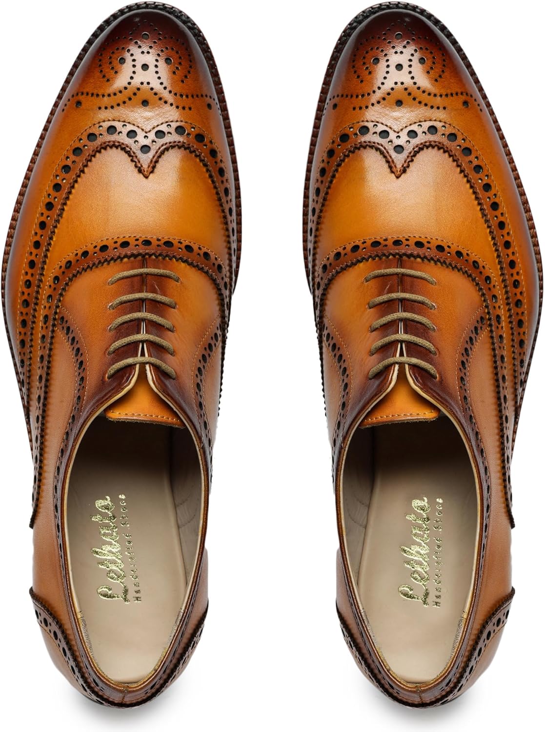 Мужские туфли оксфорды Lethato Wingtip Brogue ручной работы из натуральной кожи с шнуровкой, Tan — фото 4