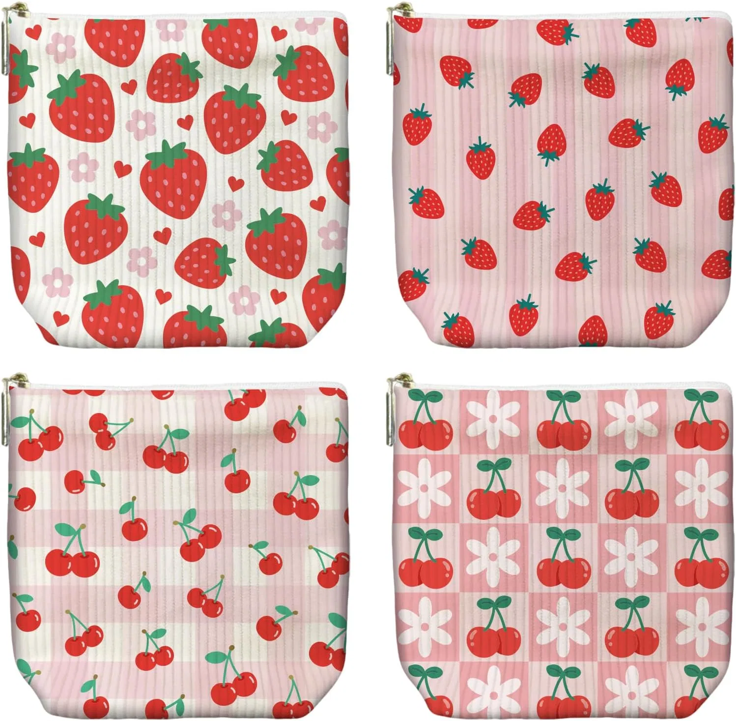 Набор из 4 вельветовых косметичек Peacoblue No brand, Strawberry And Cherry With Flowers