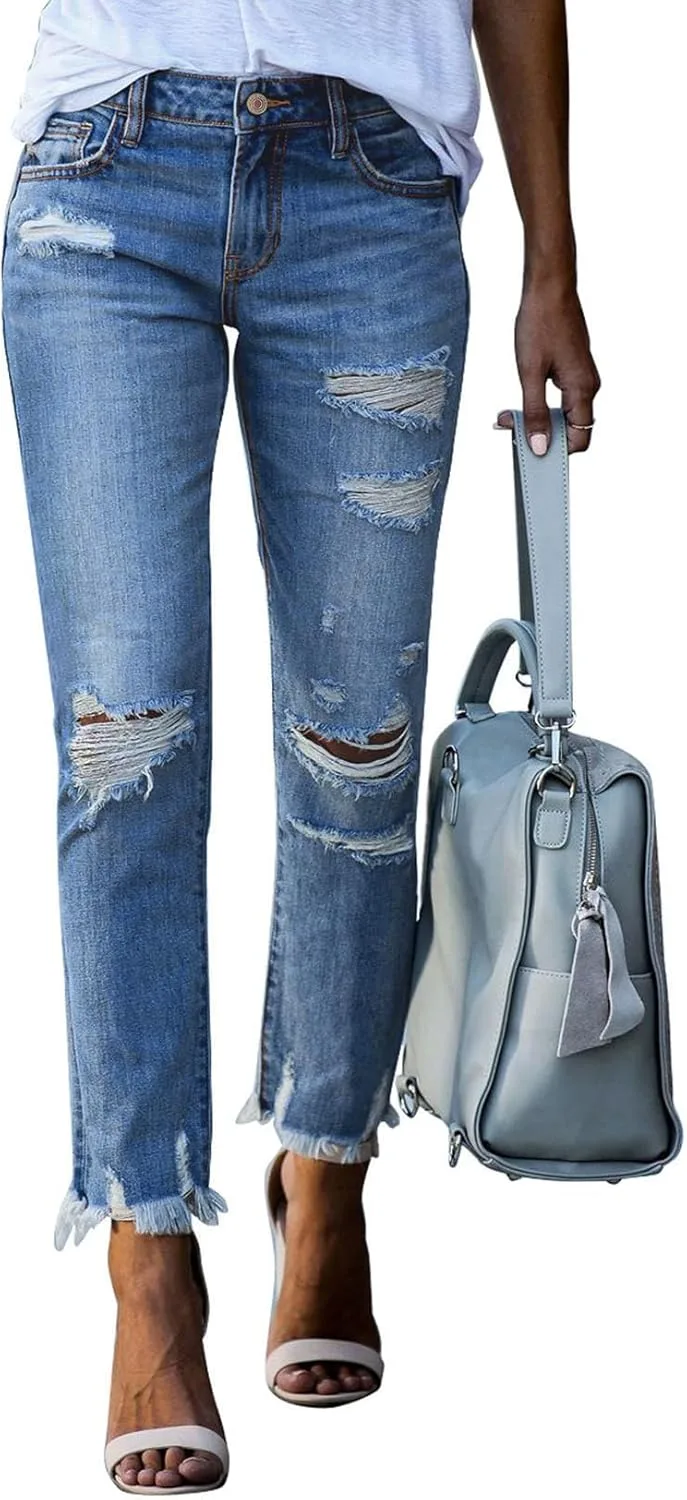 

Sidefeel Женские рваные джинсы прямого кроя