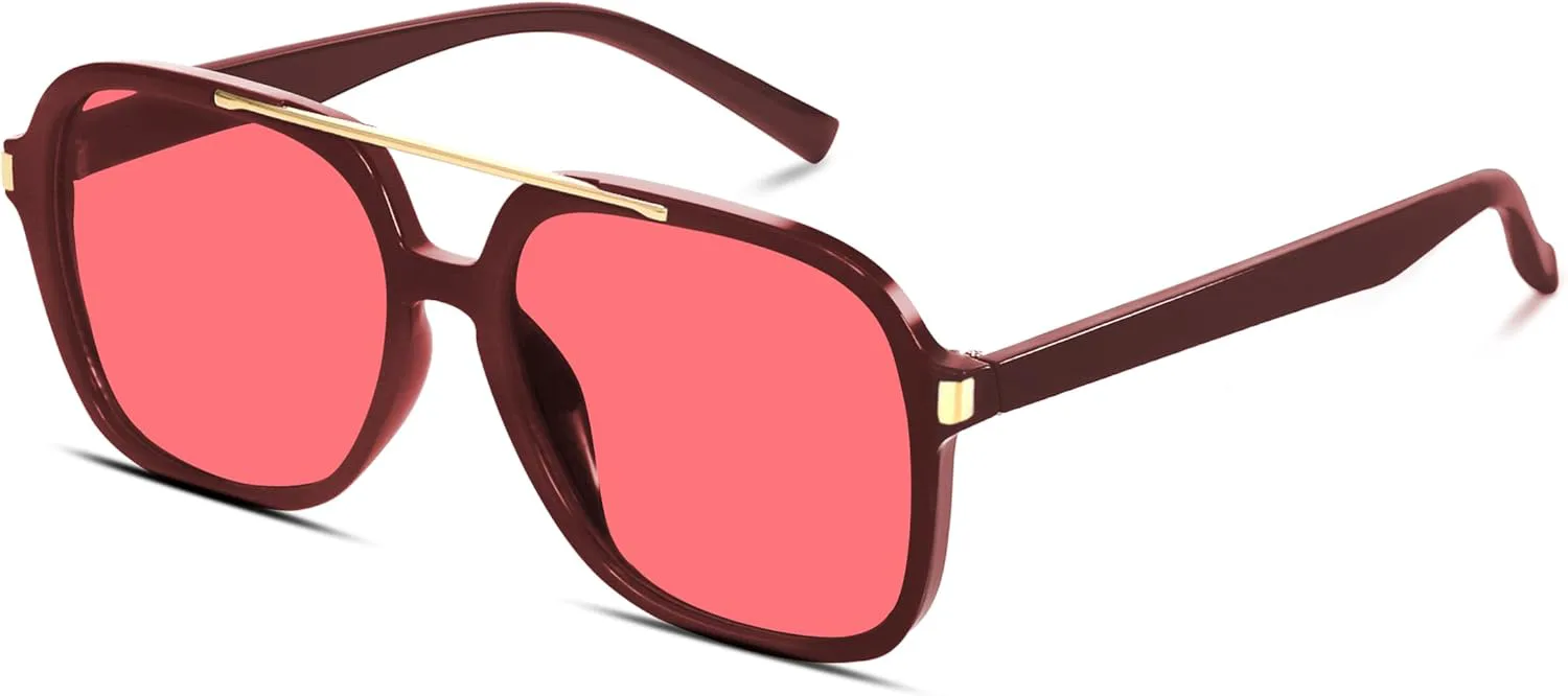 

Ретро-солнцезащитные очки-авиаторы для женщин и мужчин, модель 2026, с квадратной верхней перекладиной, легкие, в стиле 70-х GUVIVI, Redwine Frame - Red Lens