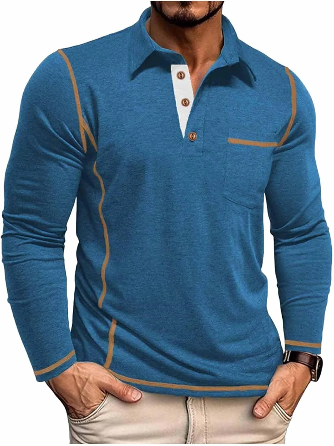 

Мужская повседневная футболка-поло Henley с длинным рукавом