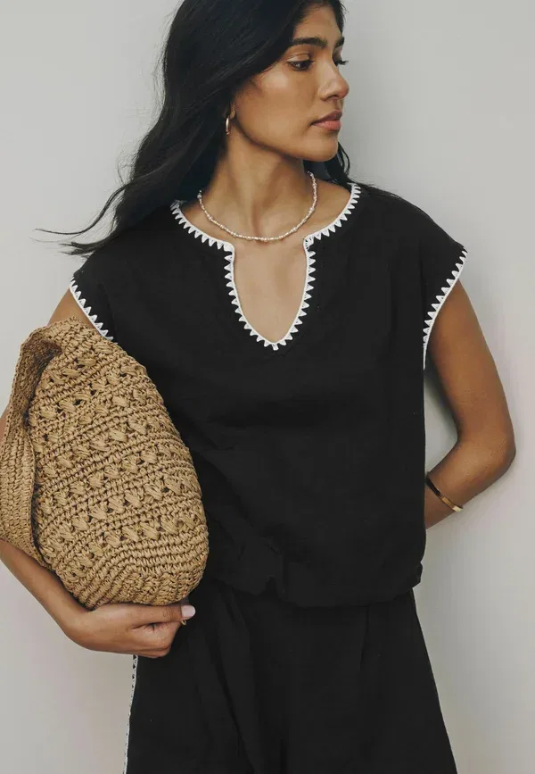 Футболка Next Petite fit bubblehem notch neck whipstitch short sleeve top, черный