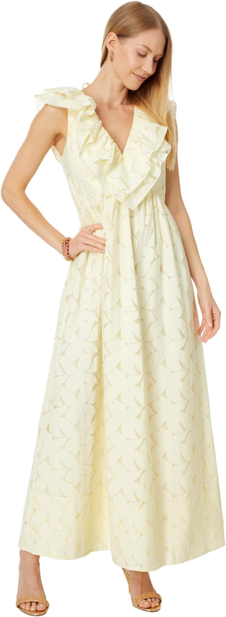 

Платье Lilly Pulitzer Ritamarie V-Neck Ruffle Maxi, цвет Pastel Finch Yellow Flora Faille