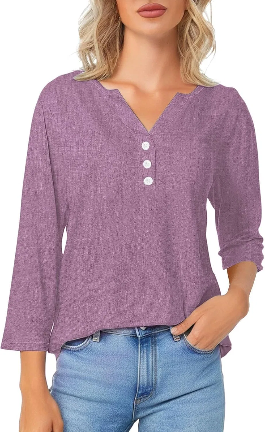 Женская блуза с V-образным вырезом, Cotton Linen, 3/4 рукав, фиолетовый — фото 4