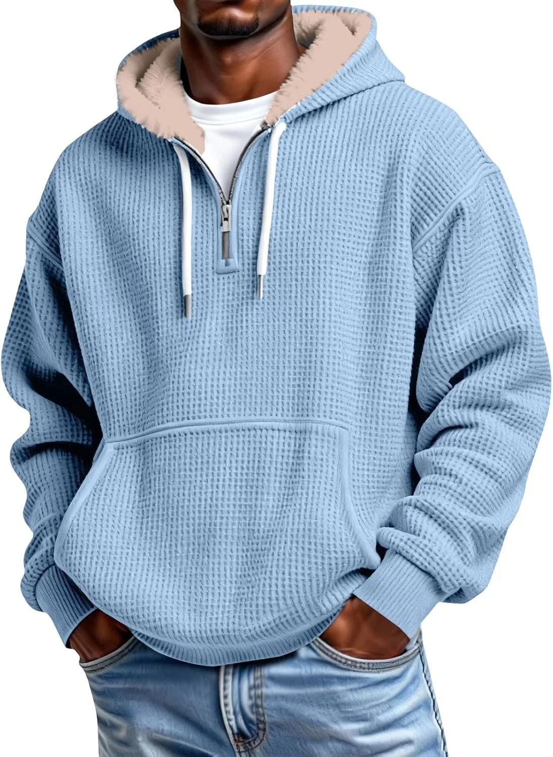 Толстовка мужская на молнии, вафельная вязка, флисовая, с капюшоном, Light Blue