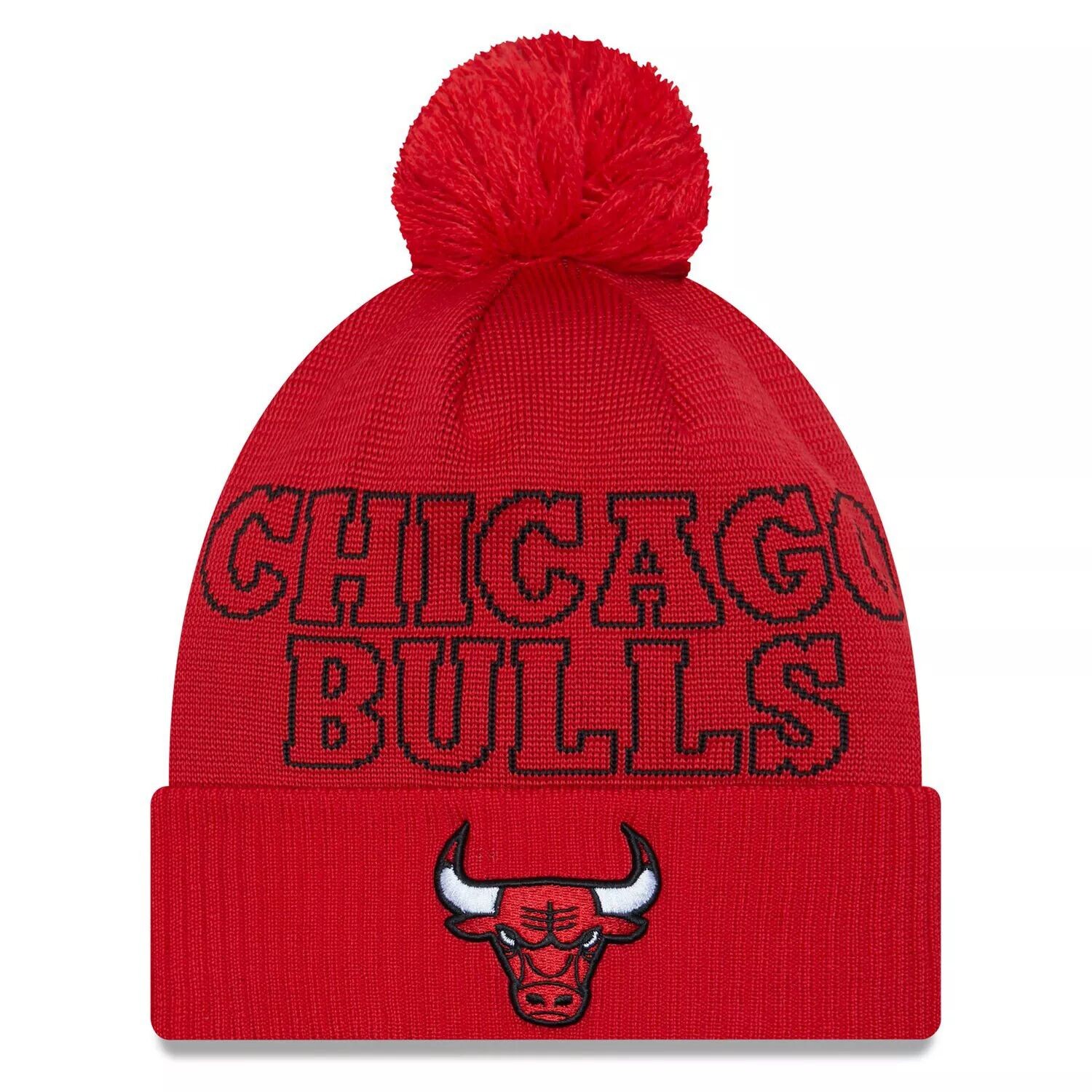 

Мужская вязаная шапка New Era Red Chicago Bulls 2023 NBA Draft с манжетами и помпоном