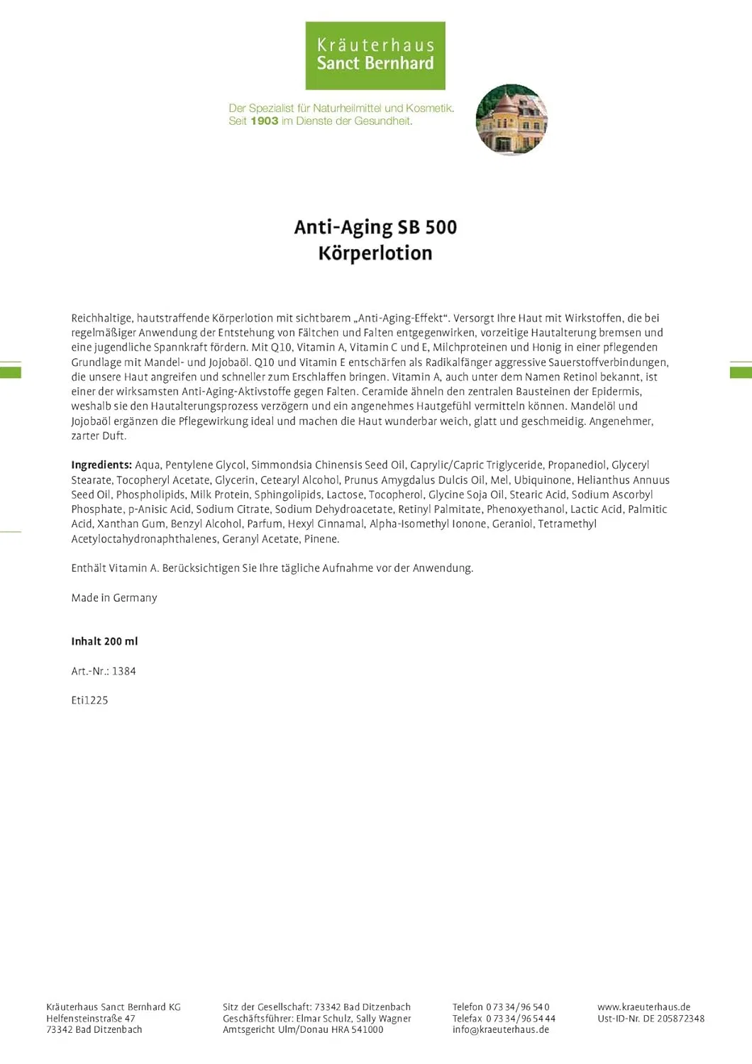 Антивозрастной лосьон для тела «Anti-Aging SB 500» от Sanct Bernhard, 200 мл Sanct Bernhard — фото 2
