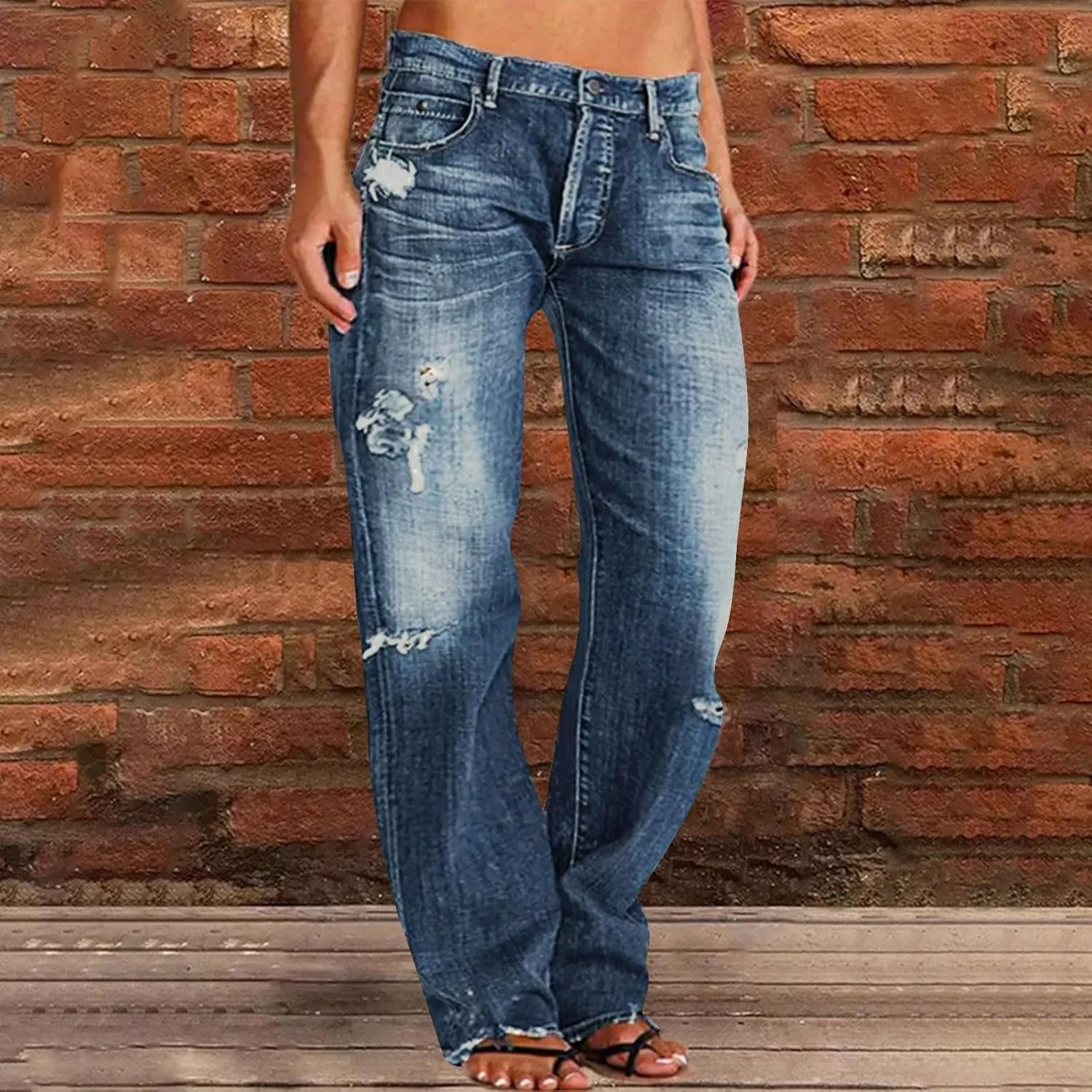 Рваные джинсы для женщин baggy straight leg casual boyfriend джинсы stretchy low rise distressed vintage y2k — фото 2