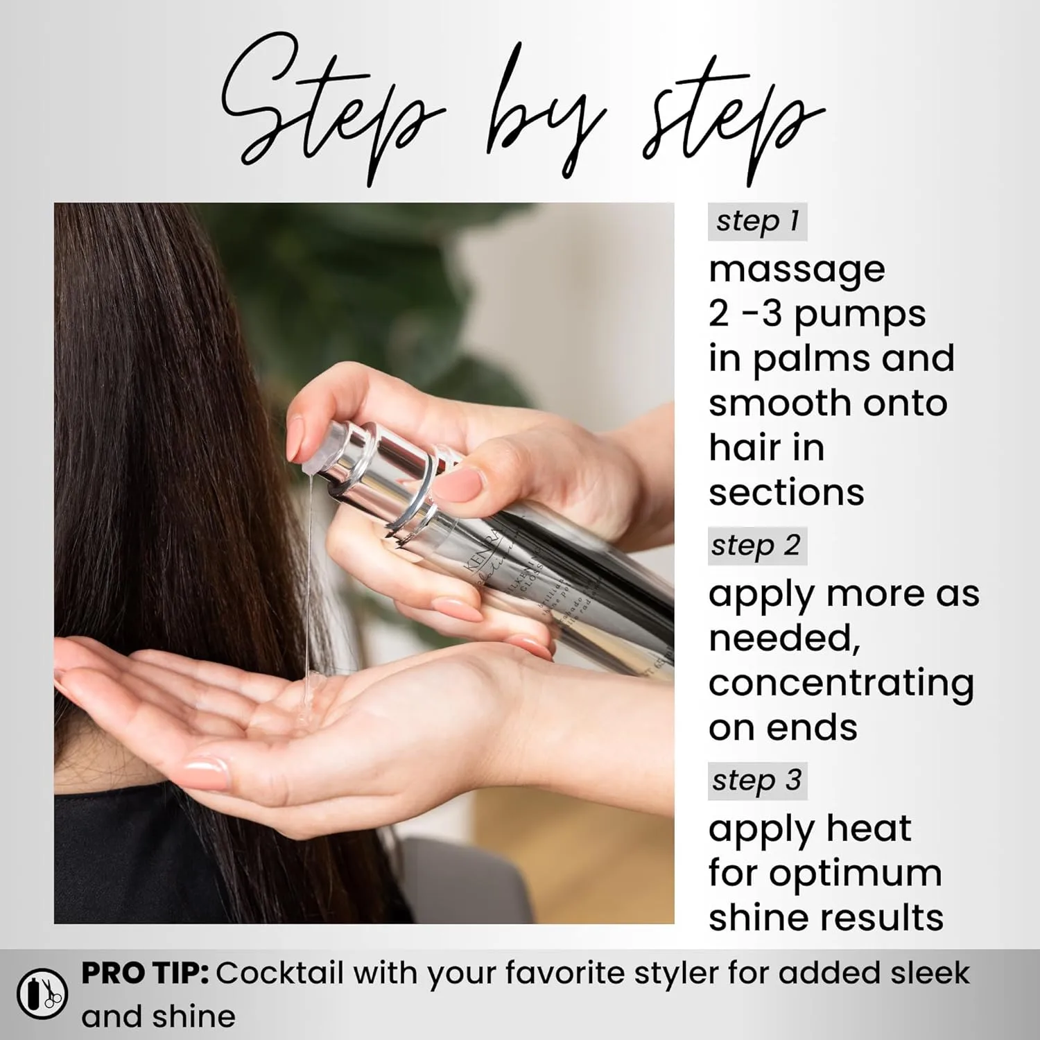 Kenra Platinum Silkening Gloss, лак для волос Brilliant Shine, укрощает пушистость и сглаживает непослушные волоски, легкая формула, защита от влажности, уход за сухими кончиками, для волос средней и жесткой структуры 59 мл — фото 4