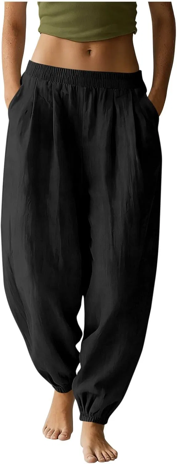 Женские брюки из хлопка и льна, свободные, с высокой талией, с карманами, Black