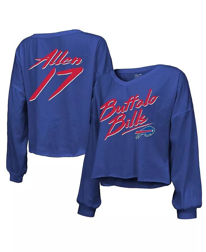 

Женские нитки Josh Allen Royal, рваная футболка Buffalo Bills с именем и номером, с открытыми плечами и надписью, укороченная футболка с длинными рукавами и v-образным вырезом Majestic