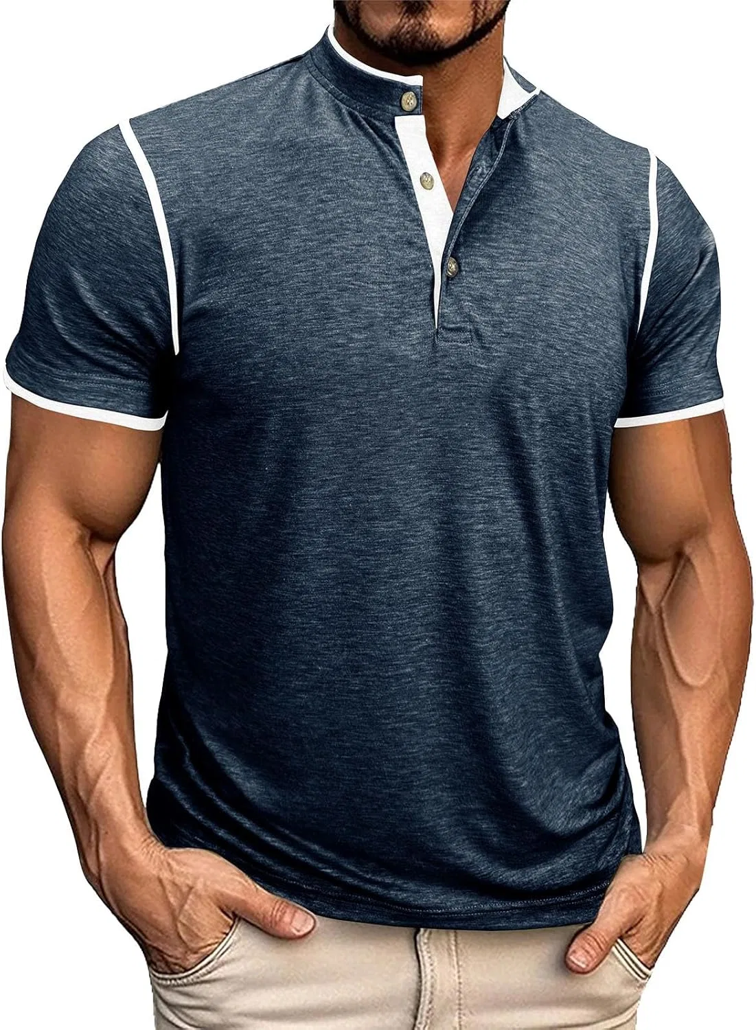 Мужская футболка с контрастными вставками, Muscle Henley, Navy