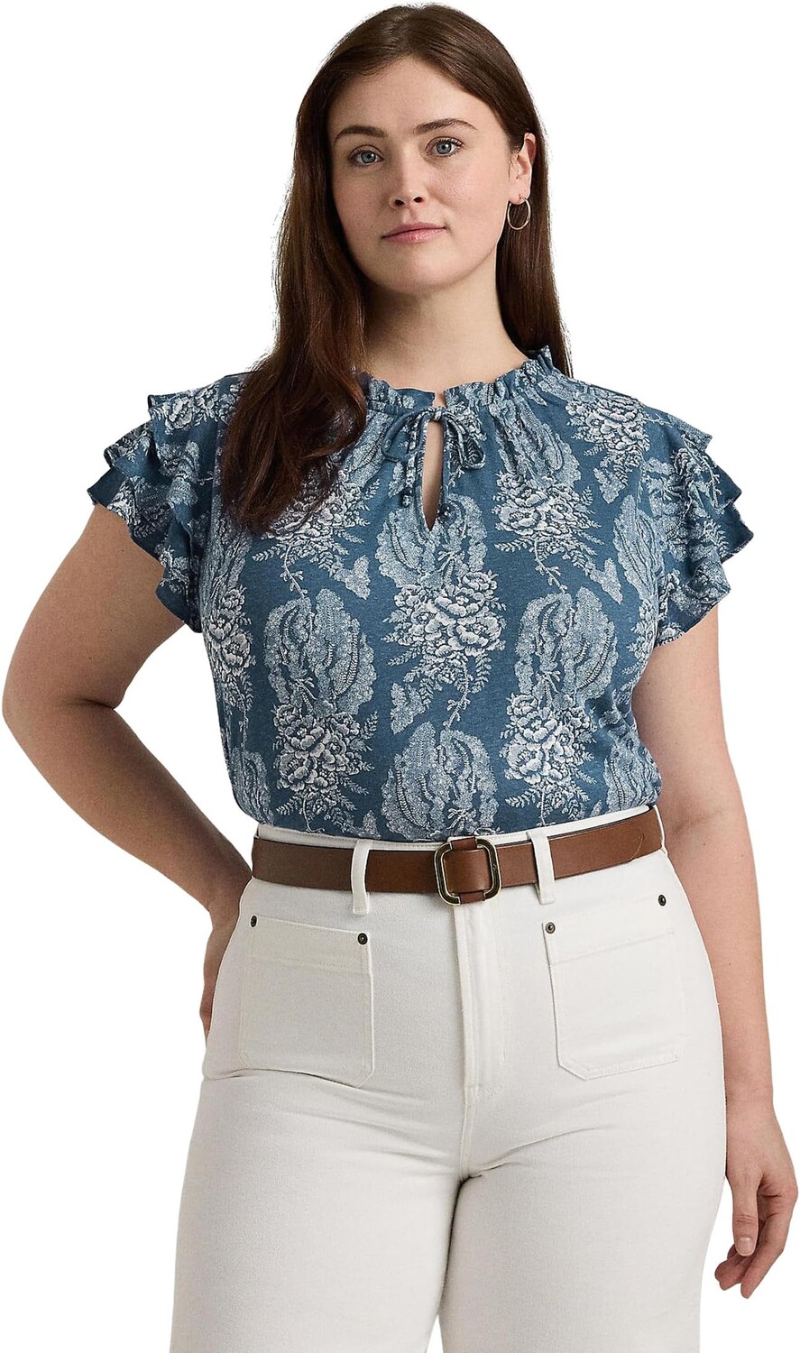 

Топ Lauren Ralph Lauren Plus-Size Floral Linen-Blend Jersey Tie-Neck Top, цвет Blue/Cream