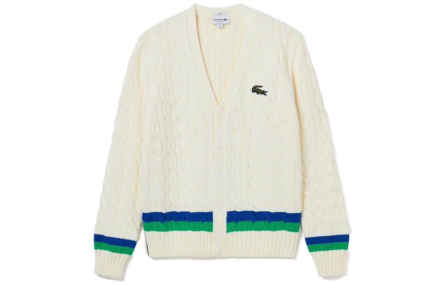 Lacoste Свитер унисекс, цвет экрю, V-образный вырез, умеренный кардиган — фото 3