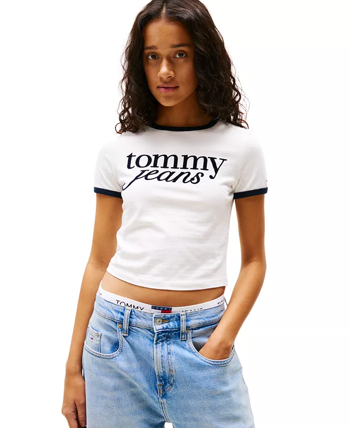 

Женская облегающая футболка с контрастной окантовкой и логотипом Tommy Jeans, белый
