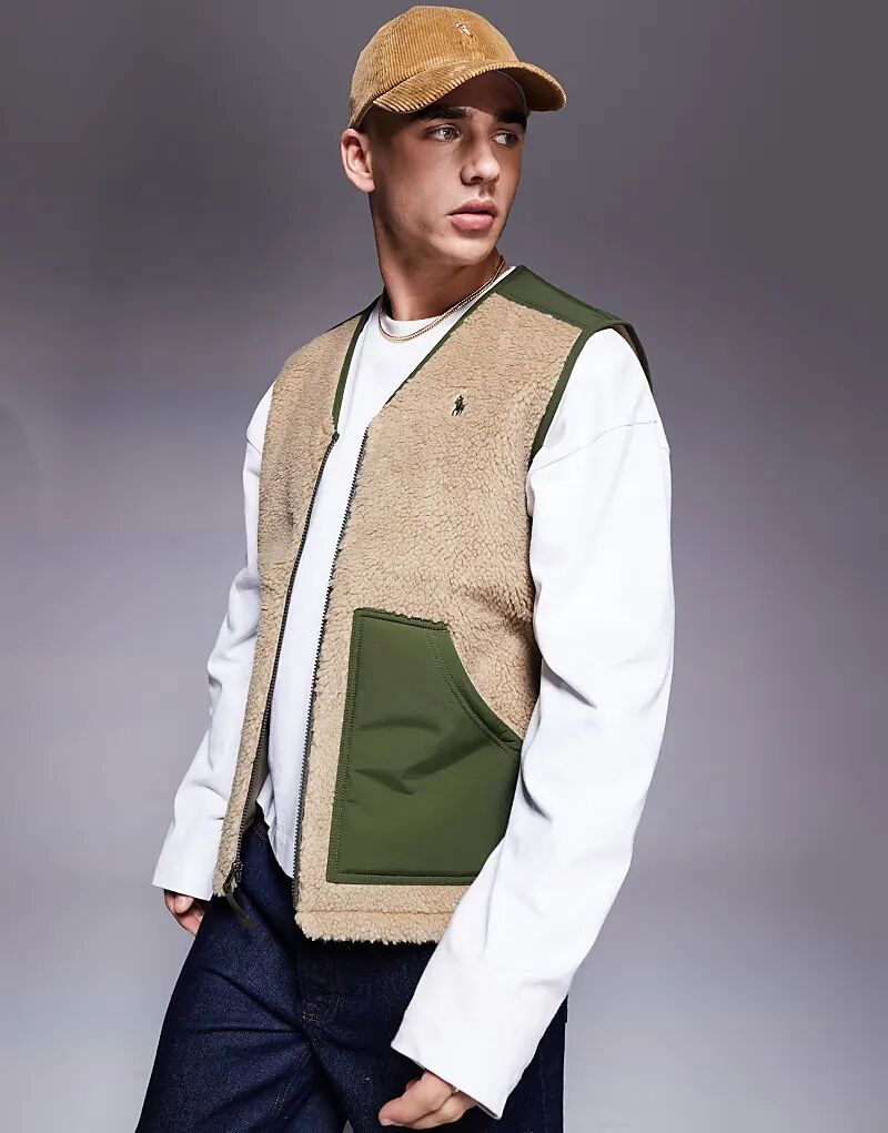 

Жилет цвета хаки/зеленого шерпа-борга с логотипом Icon Logo Polo Ralph Lauren
