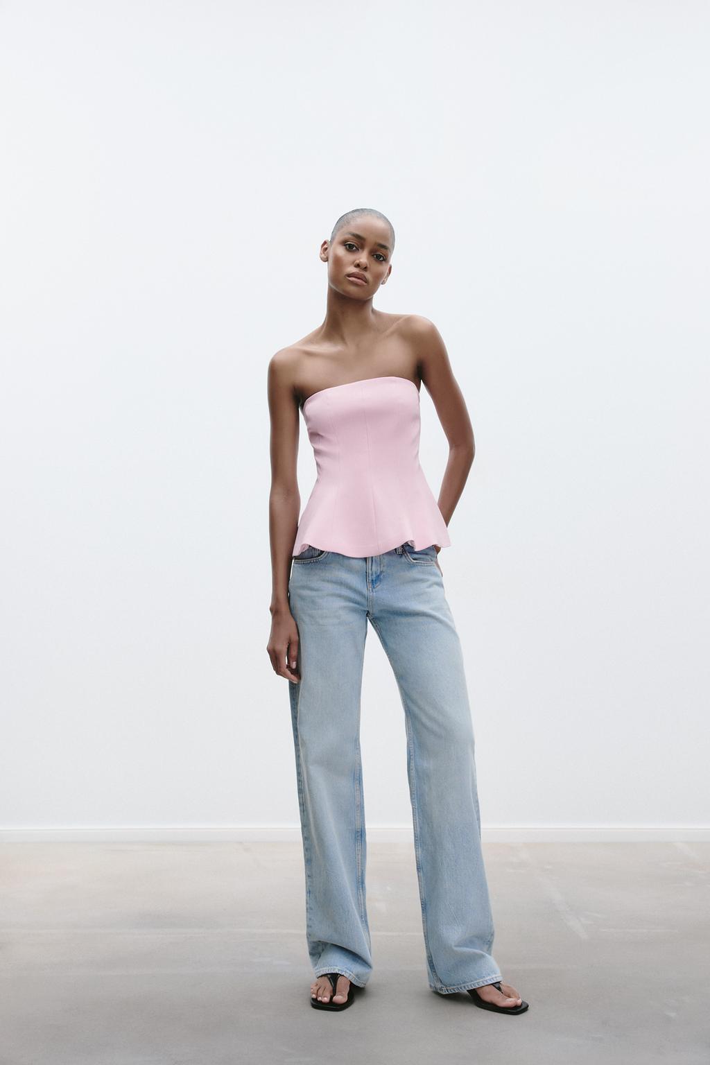 

Топ с баской без бретелек ZARA, цвет Pastel pink