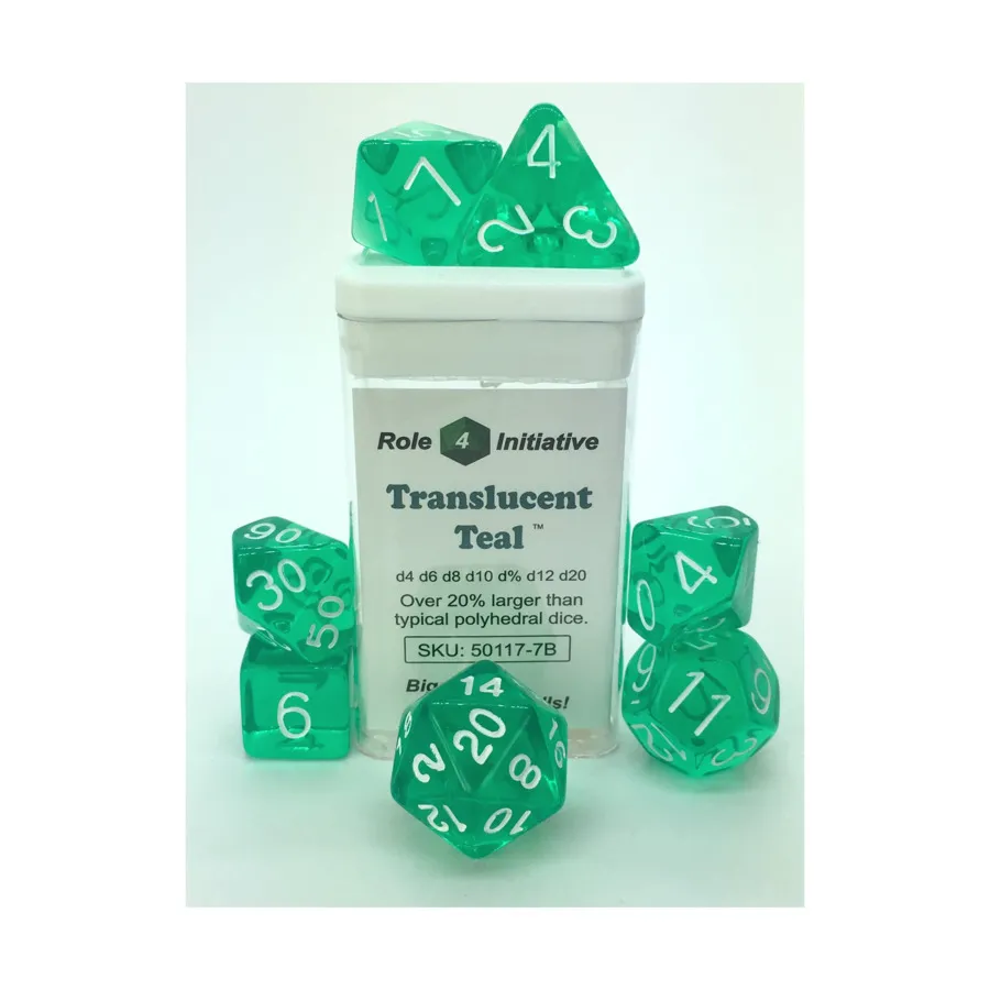 

Многогранные кубики — полупрозрачный бирюзовый с белым (15), Game Dice - Translucent (Role 4 Initiative)