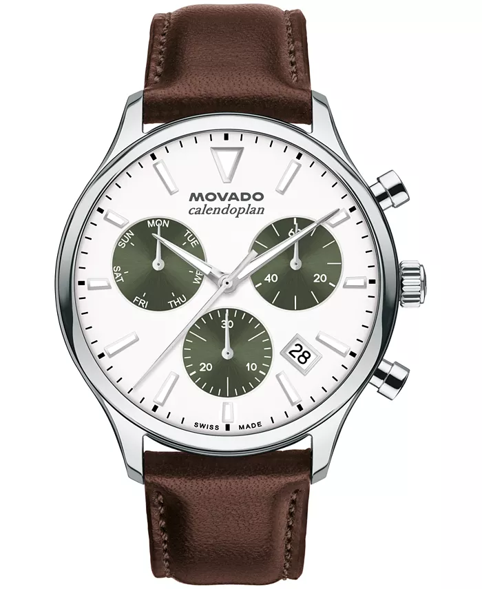

Мужские часы Calendoplan Swiss Quartz Chrono с хронографом, коричневая кожа, 43 мм Movado