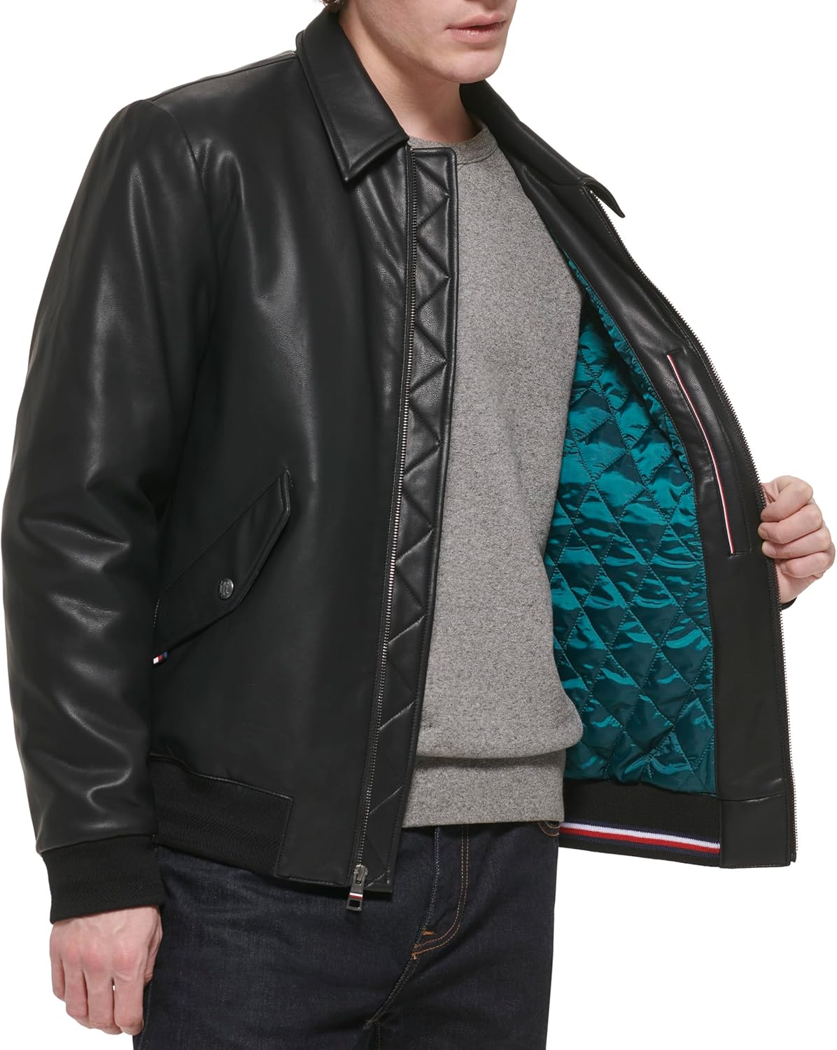 Мужская куртка-бомбер из искусственной кожи Tommy Hilfiger, Black Laydown Collar — фото 2