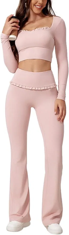 Женский спортивный костюм длинный рукав, квадратный вырез, облегающий, Pink