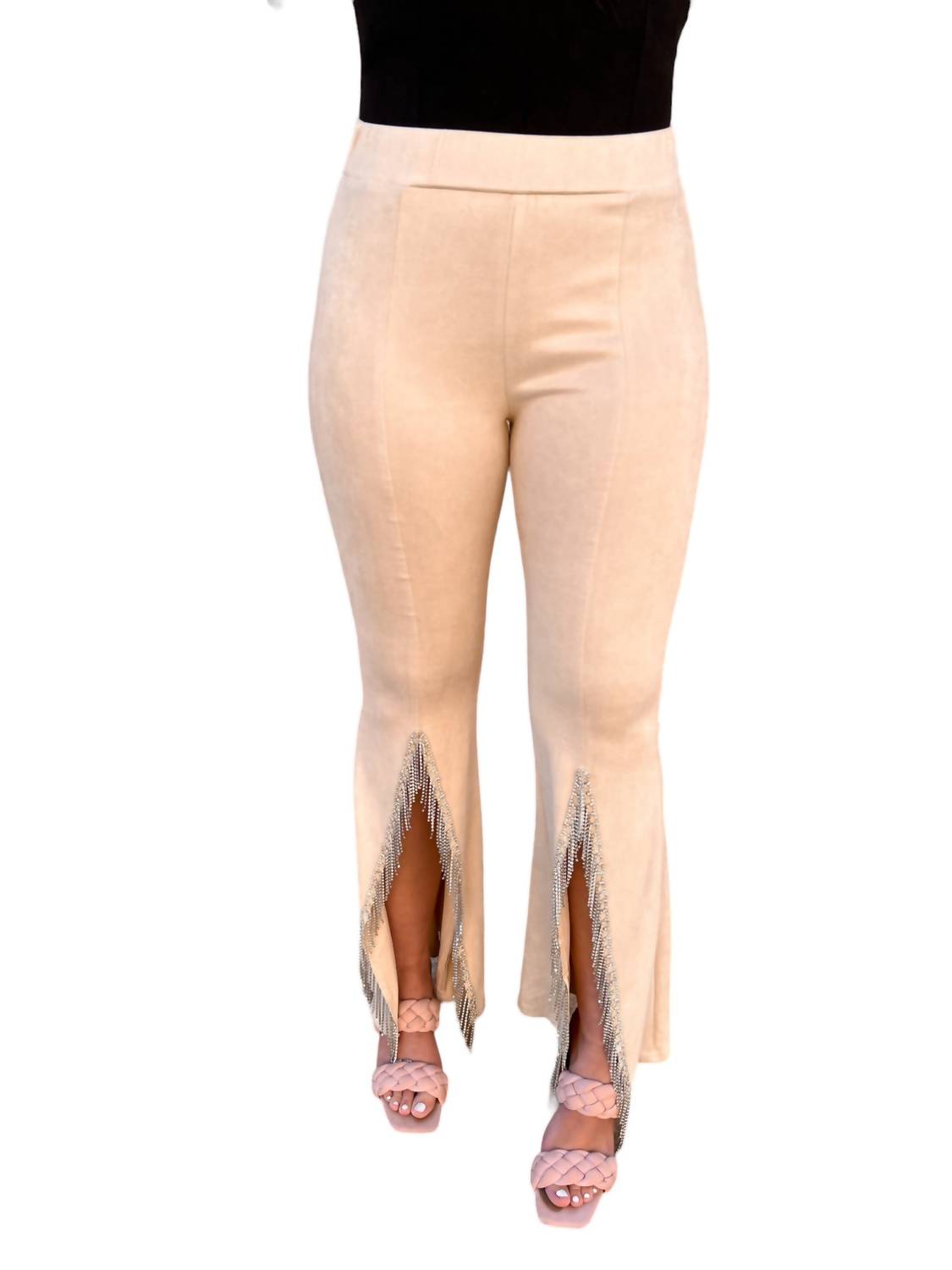 

Брюки-клеш Sadie из замши с бахромой и стразами бежевого цвета VOCAL APPAREL