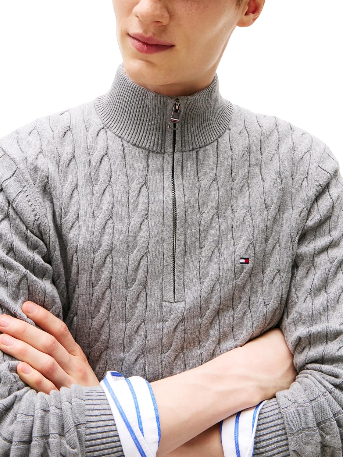 Мужской легкий свитер Tommy Hilfiger Cable с застежкой-молнией на четверть оборота, Medium Grey Heather — фото 2