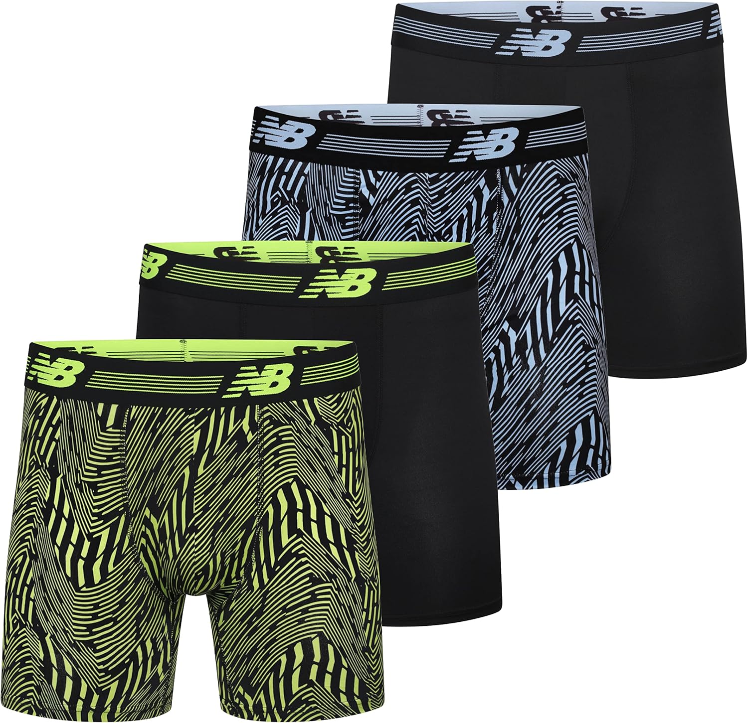 

Мужские боксеры-трусы New Balance Performance No Fly длиной 6 дюймов (4 шт.), Black/Azure Print/Black/Hi-Lite Print