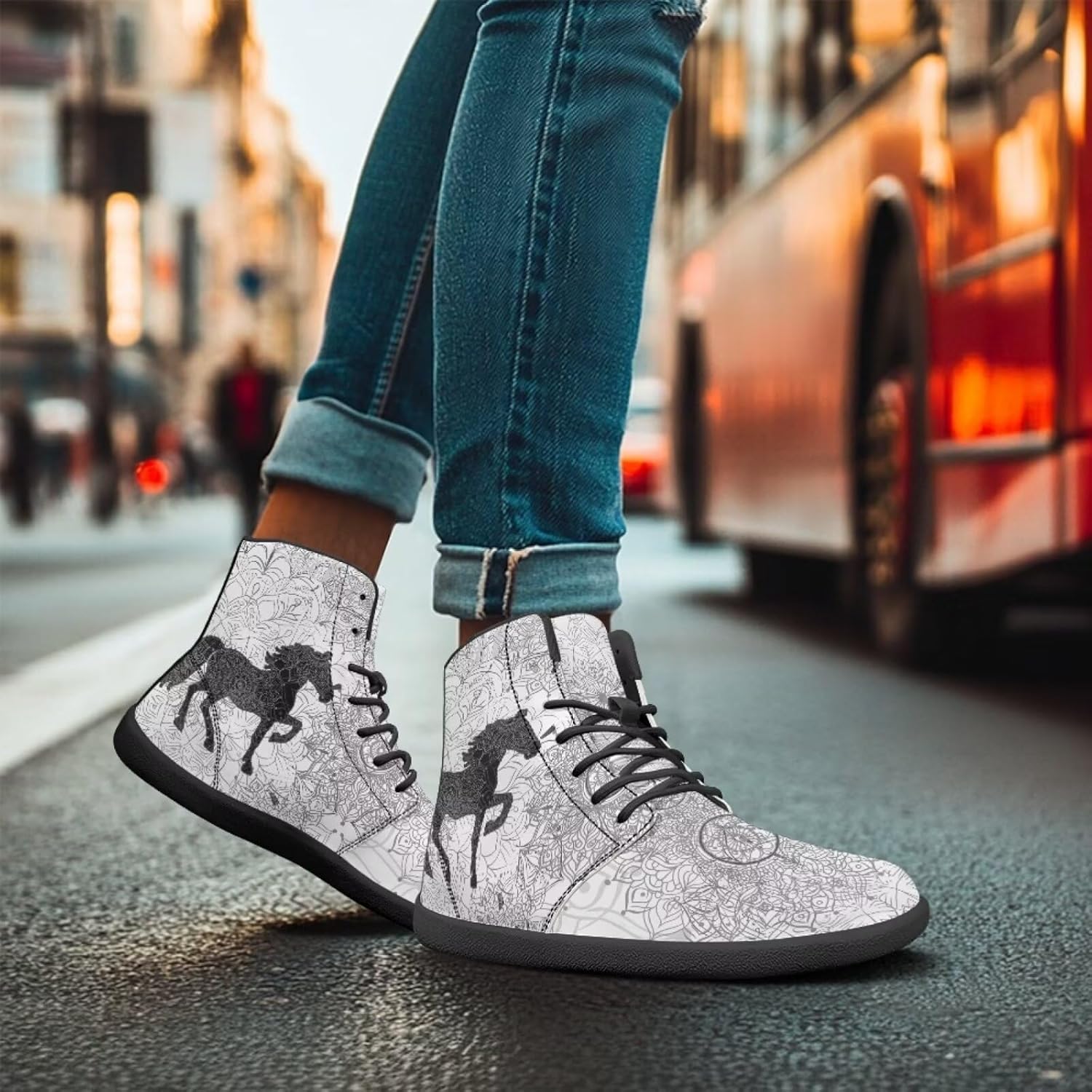 Высокие черно-белые кроссовки с мандальным узором с изображением животных для мужчин, с широкой колодкой, минималистичный дизайн без каблука Watdotory — фото 2