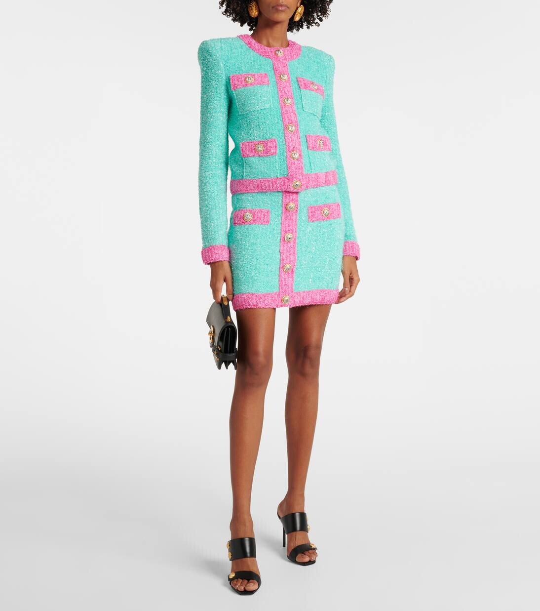 Вязаная мини-юбка Balmain, цвет menthe/fuschia — фото 2
