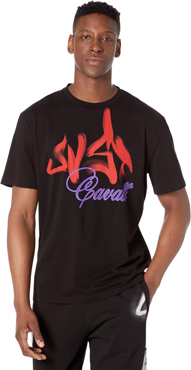 

Футболка Just Cavalli Crew Neck Cotton T-Shirt with "Graffiti Logo" Print, черный