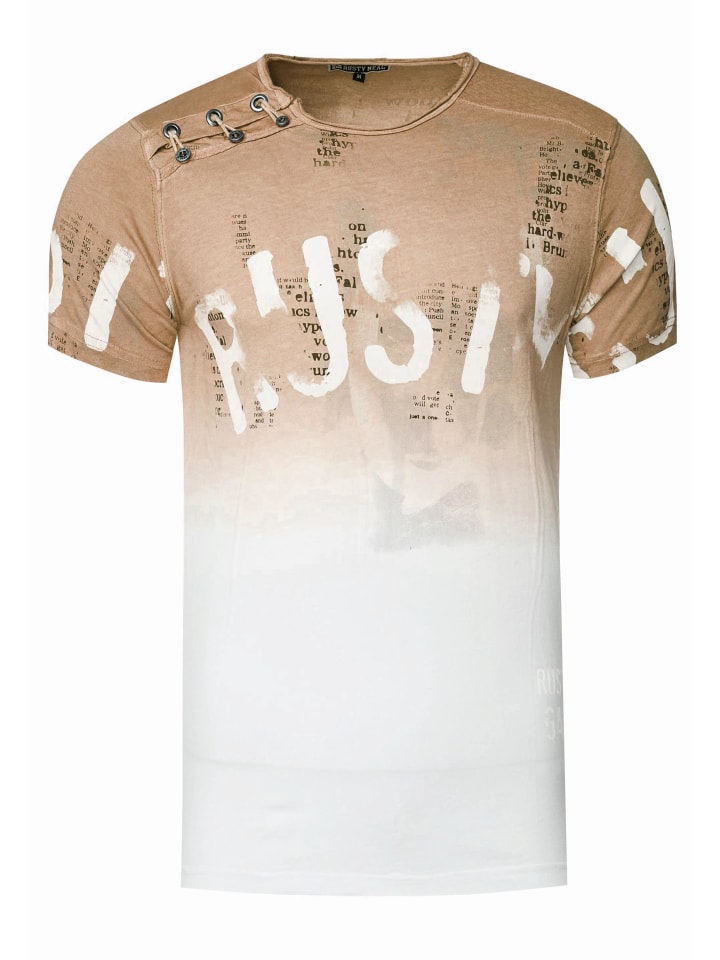 

Выцветшая футболка с градиентным цветом и планкой на пуговицах сбоку в цвете кэмл. Rusty Neal