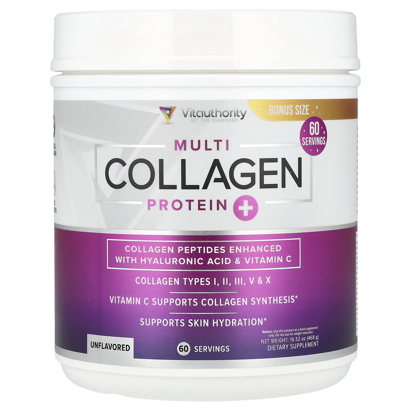 

Vitauthority, Multi Collagen Protein +, без добавок, 468 г (16,52 унции)