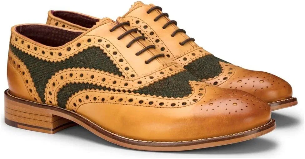 Туфли London Brogues Men's Shoes Tan Tweed Olive Leather Gatsby Vintage Wedding Office Classic — фото 2
