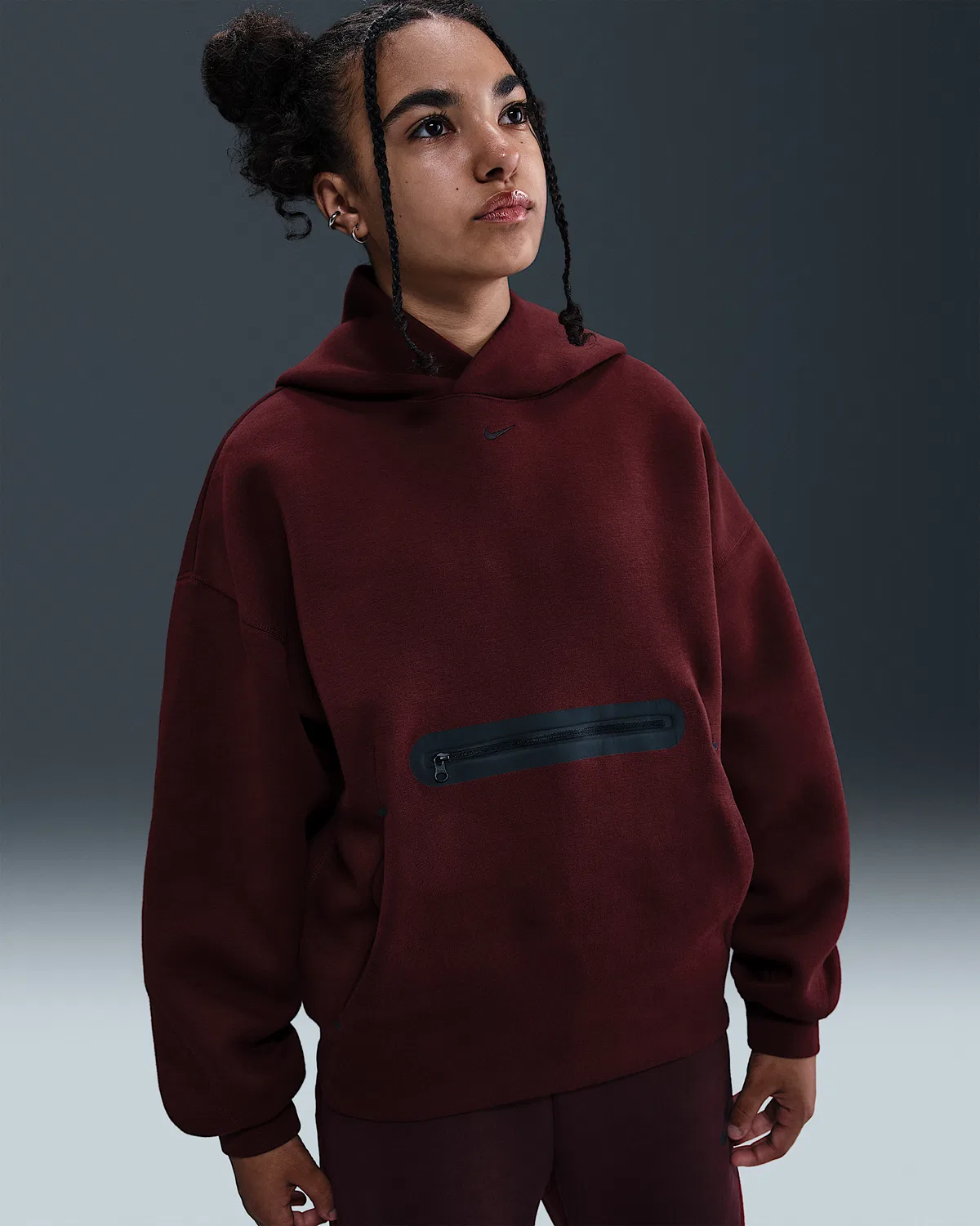 Детская (мальчиковая) оверсайз худи Nike Sportswear Tech Fleece, Dark Team Red/Black — фото 2