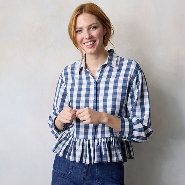 

Женская рубашка с воротником и рюшами Lc Lauren Conrad, Navy Lovin Gingham