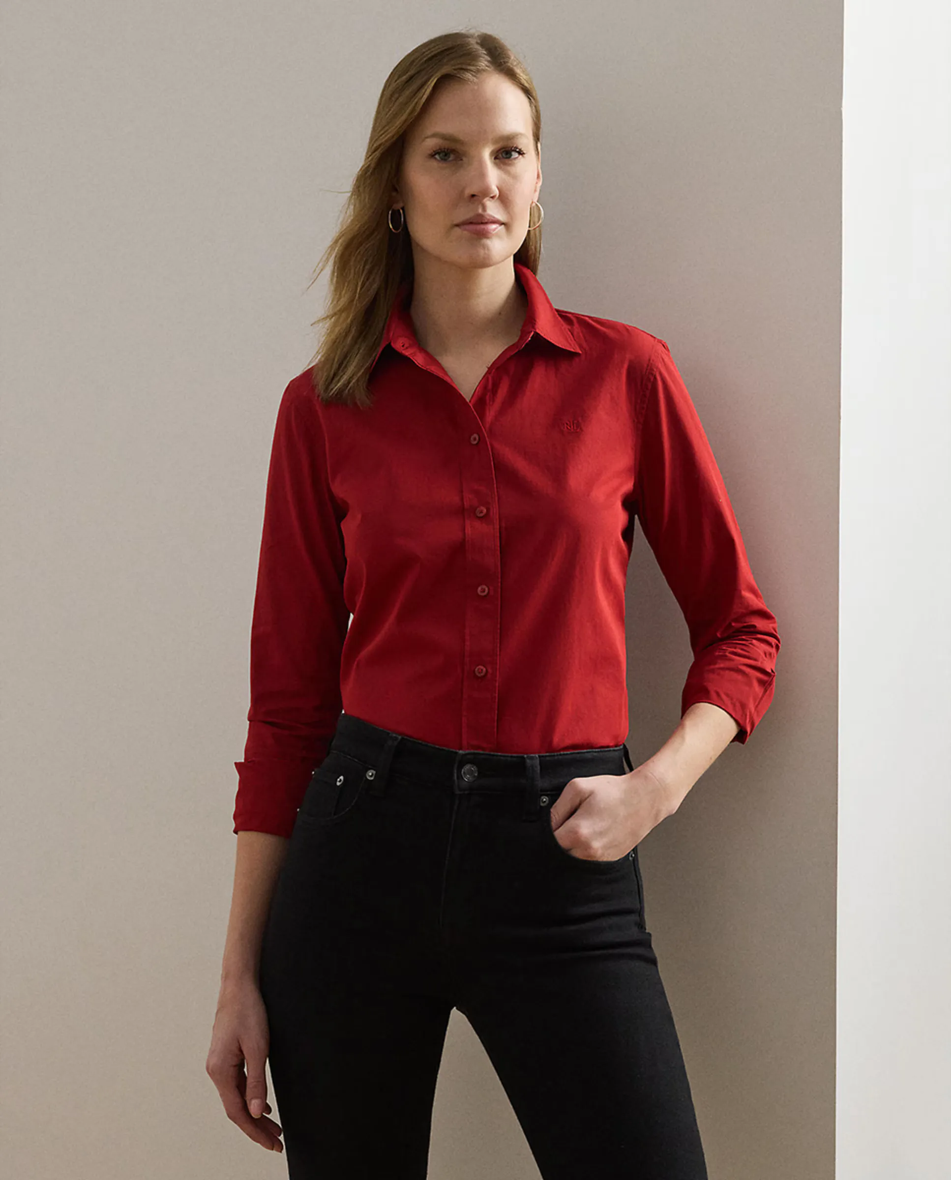 

Женская хлопковая рубашка с длинным рукавом Lauren Ralph Lauren, гранатовый