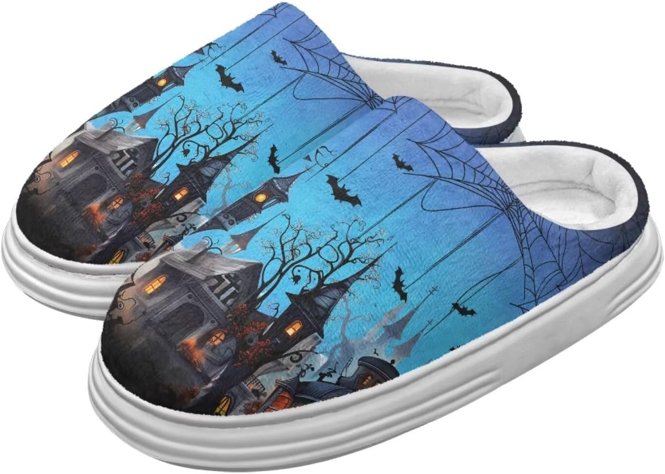 

Милые пушистые домашние тапочки для женщин и мужчин, мягкие плюшевые теплые праздничные тапочки, зимние уютные тапочки для спальни, размеры США 4-10 Chririnla, Halloween Castle