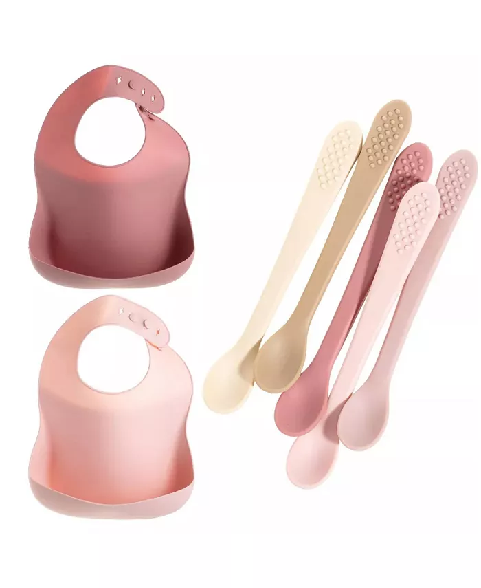 

Набор силиконовой посуды для малышей, мягкий и прочный силикон, легкая в уходе нагрудник-слюнявчик и ложки для малышей, розовый Sperric