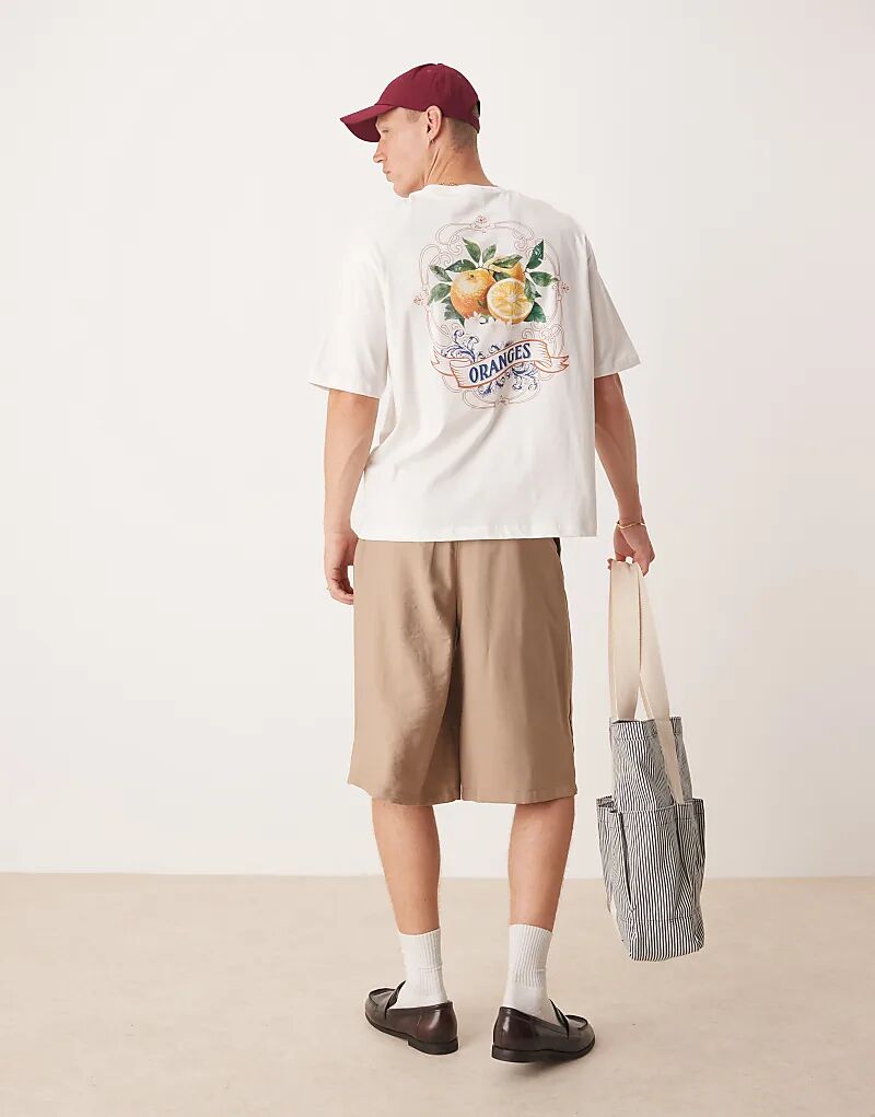 

Футболка большого размера с принтом апельсинов на спине Selected, бежевого цвета