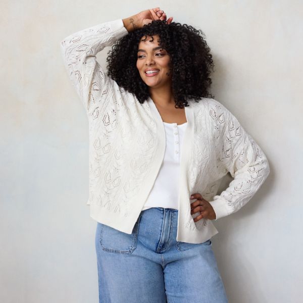 

Кардиган большого размера с открытым передом и ажурной вязкой Lc Lauren Conrad, белый