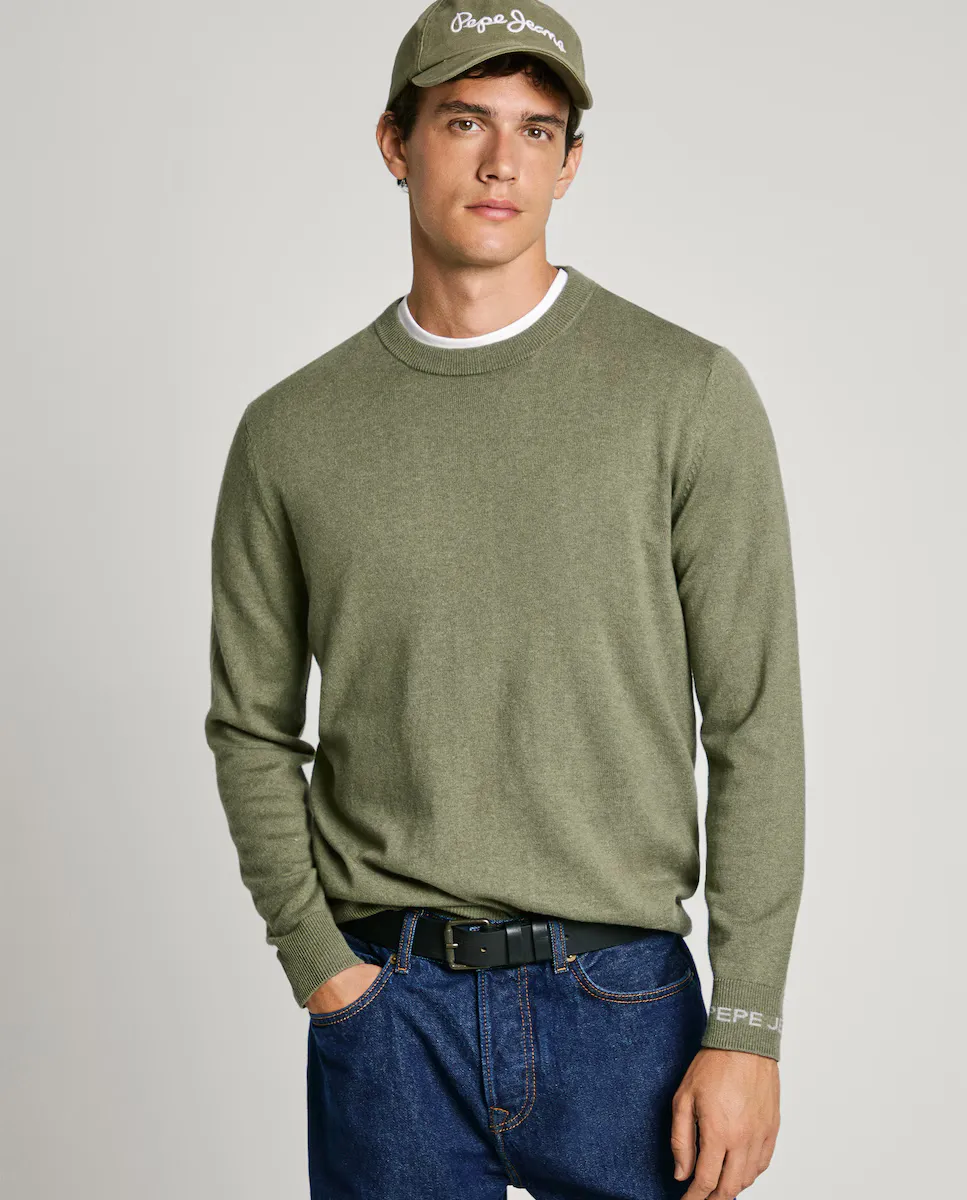 

Мужской свитер с круглым вырезом и вышитым логотипом на рукаве Pepe Jeans, цвет Verde Militar